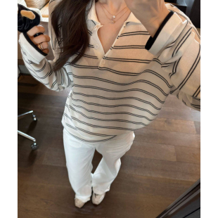 宽松含羊毛天丝Polo衫 韩国26新款 miu系高知翻领条纹针织衫