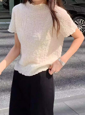 现货！ounce泡泡纱褶皱短袖韩国设计师26春夏新款木耳边T恤上衣女
