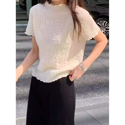 ounce泡泡纱褶皱短袖韩国设计师2026春夏新款温柔木耳边T恤上衣女