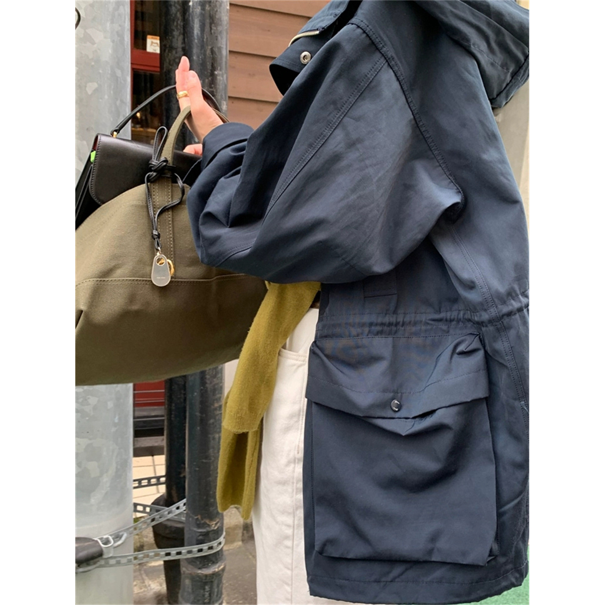 陆续！复古设计感连帽外套25秋韩国ribb*nbit休闲抽绳大口袋夹克