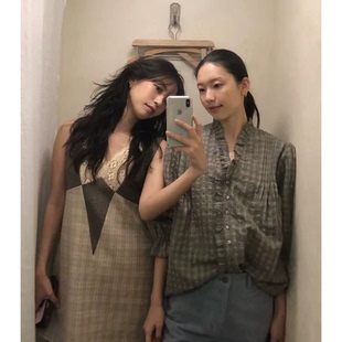 陆续 韩国冬viaplain宽松复古褶皱单排扣上衣 v领荷叶边格子衬衫