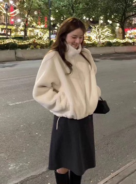 陆续！OUNCE皮毛一体外套2026新款韩国纯色立领拉链毛茸茸上衣女