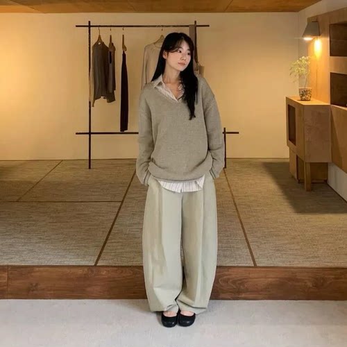 秒发！高腰纯色休闲裤女26春新款韩国moia宽松阔腿褶皱直筒长裤子