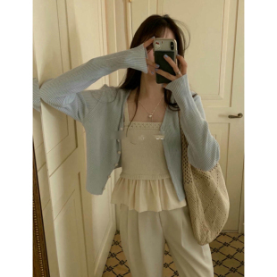 现货 气质温婉V领针织上衣2026年春韩国复古简约pty坑条羊毛开衫