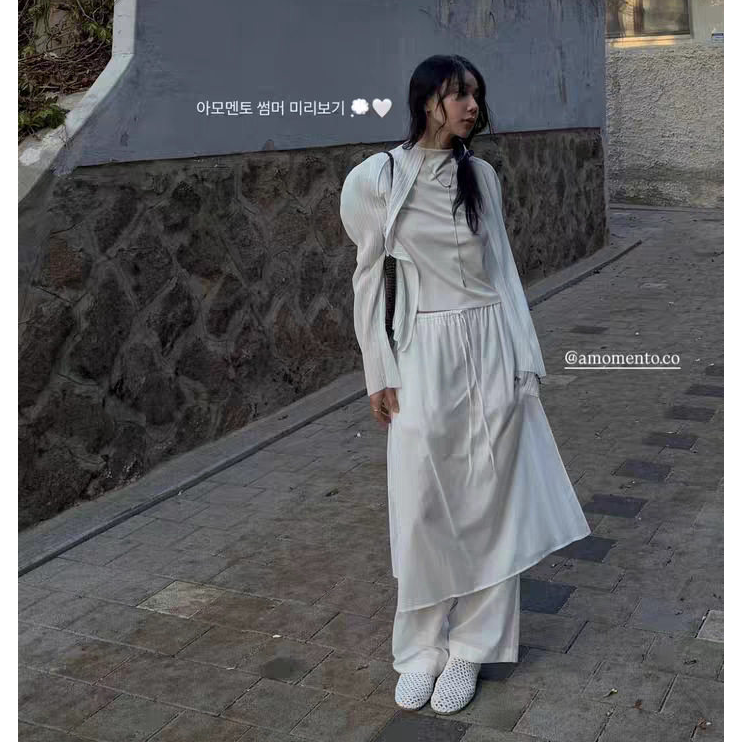 摸摸头韩系设计感假两件裙裤女夏季新款松紧阔腿裤长裤子