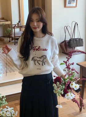 秒发！2026春季新款韩国设计师fol*ua可爱小马提花圆领针织毛衣女