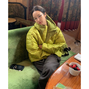 秒发 轻便舒适绿色短外套女 baby酱连帽排骨棉服韩国东大门25冬款