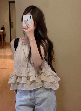 秒发！OBJET韩系荷叶边背心东大门26夏季新款无袖吊带上衣女