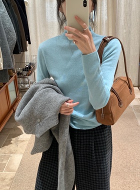 秒发！大衣伴侣韩国2026冬超温柔水蓝色高领羊毛针织打底衫上衣女