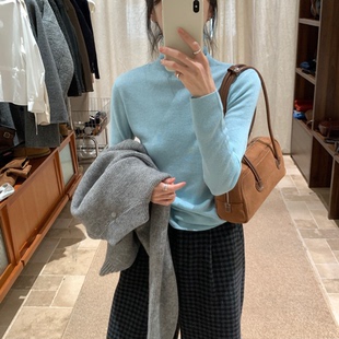 秒发 上衣女 大衣伴侣韩国25秋冬超温柔水蓝色高领羊毛针织打底衫