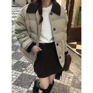 韩国灯芯绒拼接设计拉链短外套女 IR翻领羽绒服2025冬季 秒发