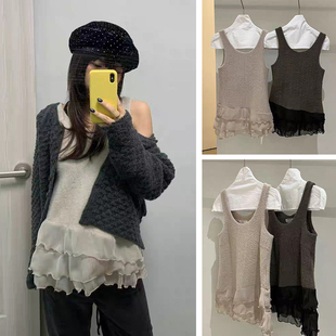 背心上衣 韩国下摆荷叶边拼接设计圆领无袖 秒发 超美打底2026新款
