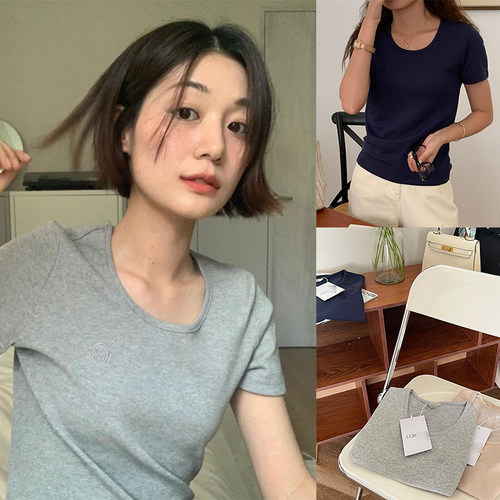 特价清仓！ 美娜家lerobe韩国设计师U型领修身打底短袖正肩T恤女