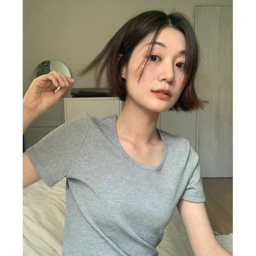 大促清仓！ 美娜家lerobe韩国设计师U型领修身打底短袖正肩T恤女