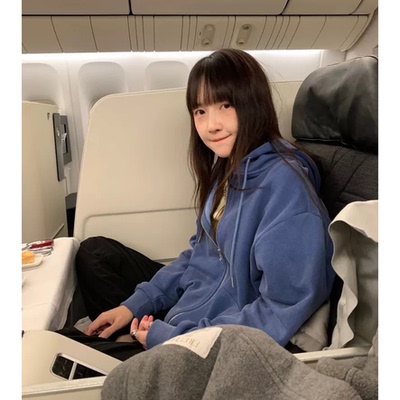 秒发！美娜家加绒连帽卫衣25冬新款韩国le*obe抽绳拉链蓝色外套女