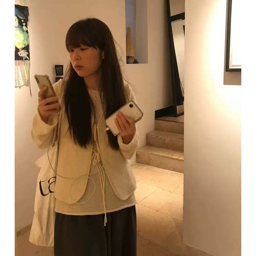 TAF*ETA圈圈毛V领系带马甲韩国秋季新款气质温柔奶白色背心外套女