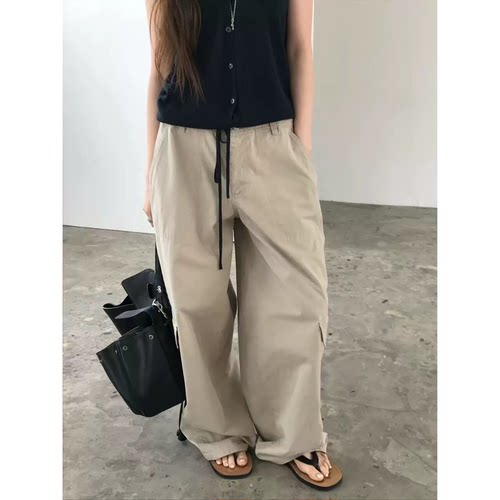 nuese工装风休闲裤女韩国2026夏季新款纯色显瘦抽绳阔腿裤长裤子