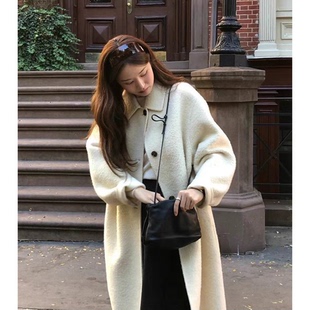 秒发 OUNCE苏力羊毛大衣25秋冬韩国宽松纯色翻领单排扣呢外套女