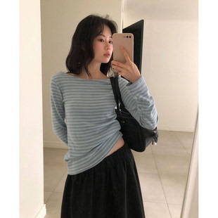 Baby酱甜美撞色条纹T恤韩国2026春新款 打底上衣女 圆领长袖