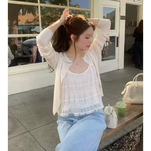 现货！甜妹入OUNCE褶皱吊带26春新款韩国温柔纯色圆领背心上衣女