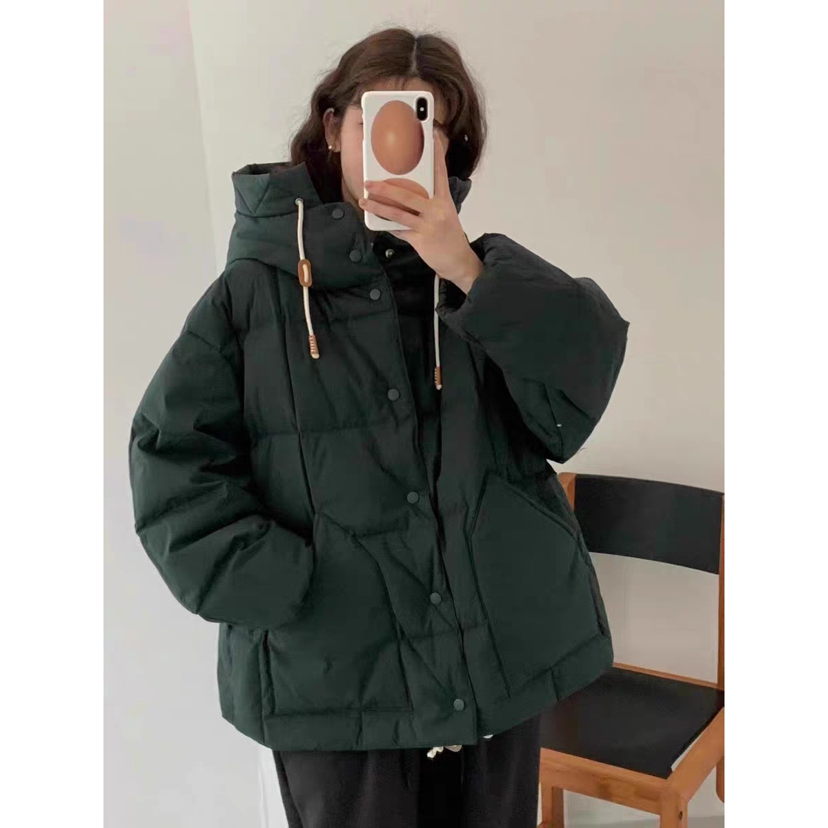 秒发！韩国鸡蛋EGG纯色面包服连帽立领单排扣短款鸭绒羽绒服外套