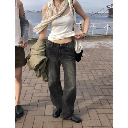 LAKE覆盖做旧纹理感磨白微喇牛仔裤韩国26秋新款超显瘦低腰长裤女