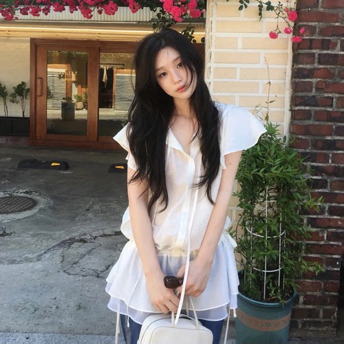 现货！韩系氛围感双层荷叶边短袖衬衫东大门夏新款飞飞袖小衫女