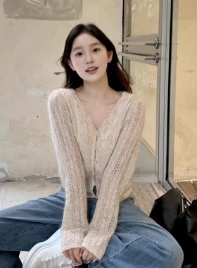 秒发！韩国设计师2026春FO*NUA郑素敏同款镂空V领羊毛针织开衫女