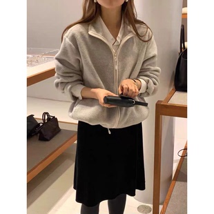 陆续 纯色简约中长裙女 OUNCE黑色丝绒半身裙韩国东大门25冬新款