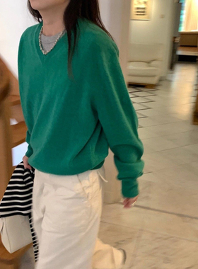 秒发！美娜家V领针织衫25冬新款韩国lerobe纯色简约套头羊毛衣女