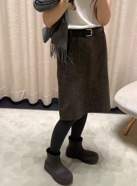 秒发！OUNCE高腰半身裙韩国25冬新款气质显瘦杂色50羊毛中长半裙