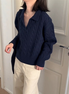 秒发！复古慵懒麻花毛衣韩国设计师25冬elb*rn翻领长袖羊毛上衣女