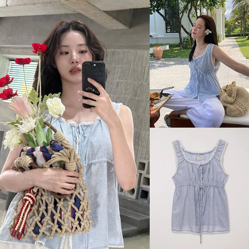 张子萱同款抽绳蕾丝背心韩国东大门26夏季新款甜美系带无袖上衣女