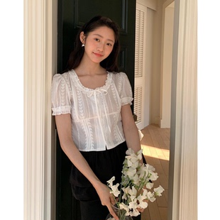 衬衫 秒发 短款 法式 女 小清新2025年夏韩国甜美蕾丝提花纯棉泡泡袖