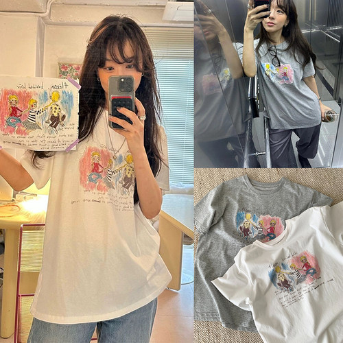 sale！韩国设计师fletta涂鸦印花短袖童趣减龄宽松休闲少女感T恤