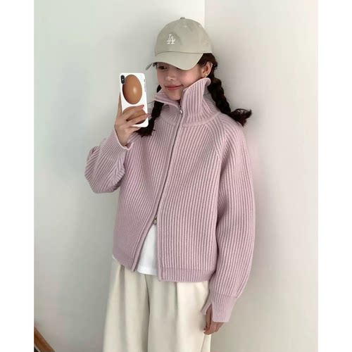 秒发！双拉链高领针织毛衣25冬韩国egg鸡蛋松弛感羊毛开衫外套女