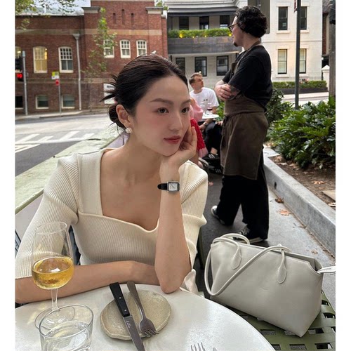大促清仓！荷静同款GED春韩国设计师ins法式方领坑条短袖针织衫女