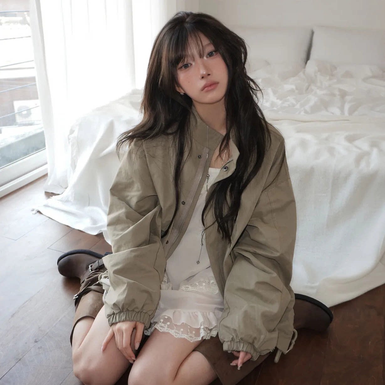 现！modimood甜酷慵懒风复古工装夹克韩国秋新款立领短外套女