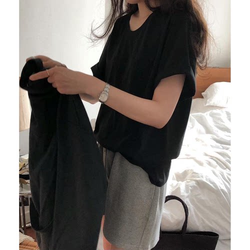 秒发！闭眼入ounce韩国基础款休闲百搭薄款宽松大码棉质短袖T恤女