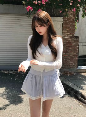 现货！韩国设计师蕾丝边拼接蓝色短裙夏季新款天丝褶皱半身裙女