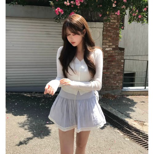 现货！韩国设计师蕾丝边拼接蓝色短裙夏季新款天丝褶皱半身裙女