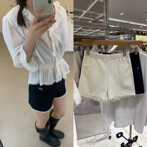 韩国设计师26夏季新款tannat下摆蕾丝拼接松紧腰休闲短裤女
