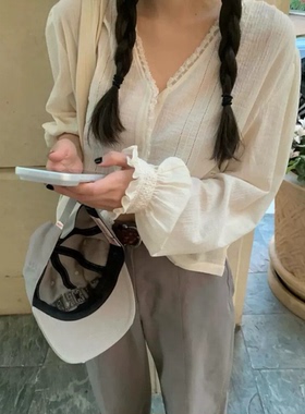 秒发！蕾丝边衬衫女26春新款韩国tannat气质温柔法式单排扣上衣