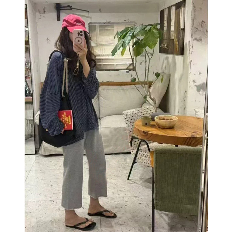 秒发！超绝松弛感25秋韩国时髦神裤松紧腰直筒毛边九分休闲裤卫裤