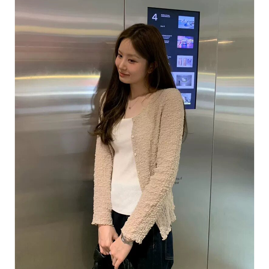 现货！OUNCE木耳边开衫26韩国温柔纯色单排扣褶皱防晒长袖外套女