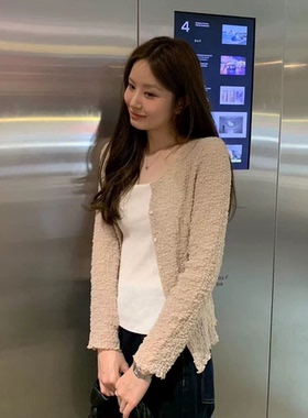 现货！OUNCE木耳边开衫26春款韩国温柔纯色单排扣褶皱长袖外套女