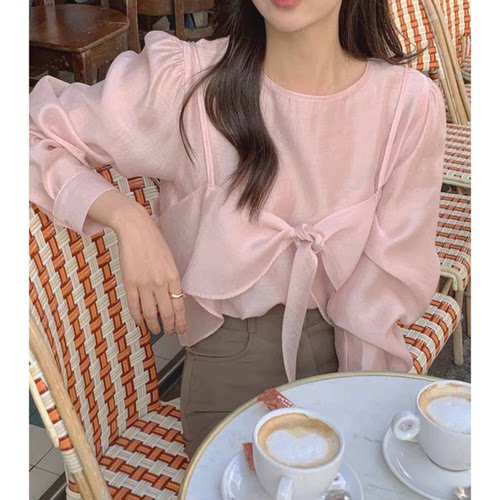 大促清仓！仙女范韩国ins气质甜美光泽感蝴蝶结吊带衬衫两件套女