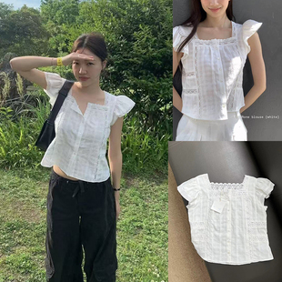 现货！韩国Tannat甜美温柔蕾丝拼接方领衬衫26夏新款喇叭袖上衣女
