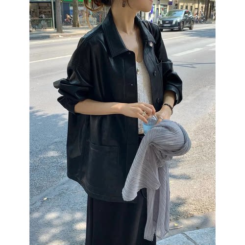 OUNCE黑色皮夹克韩国东大门2026秋季新款百搭翻领单排扣外套女