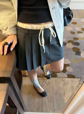 秒发！高级感灰色假两件百褶裙韩国26夏季新款显瘦口袋半身裙裤女